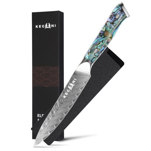 Kegani Damascus Kitchen Utility Knife, 5 Inch Paring Knife With Sheath 67 Layers VG-10 Core Petty Knife, Resin Handle Real Shell Filled FullTang Handl